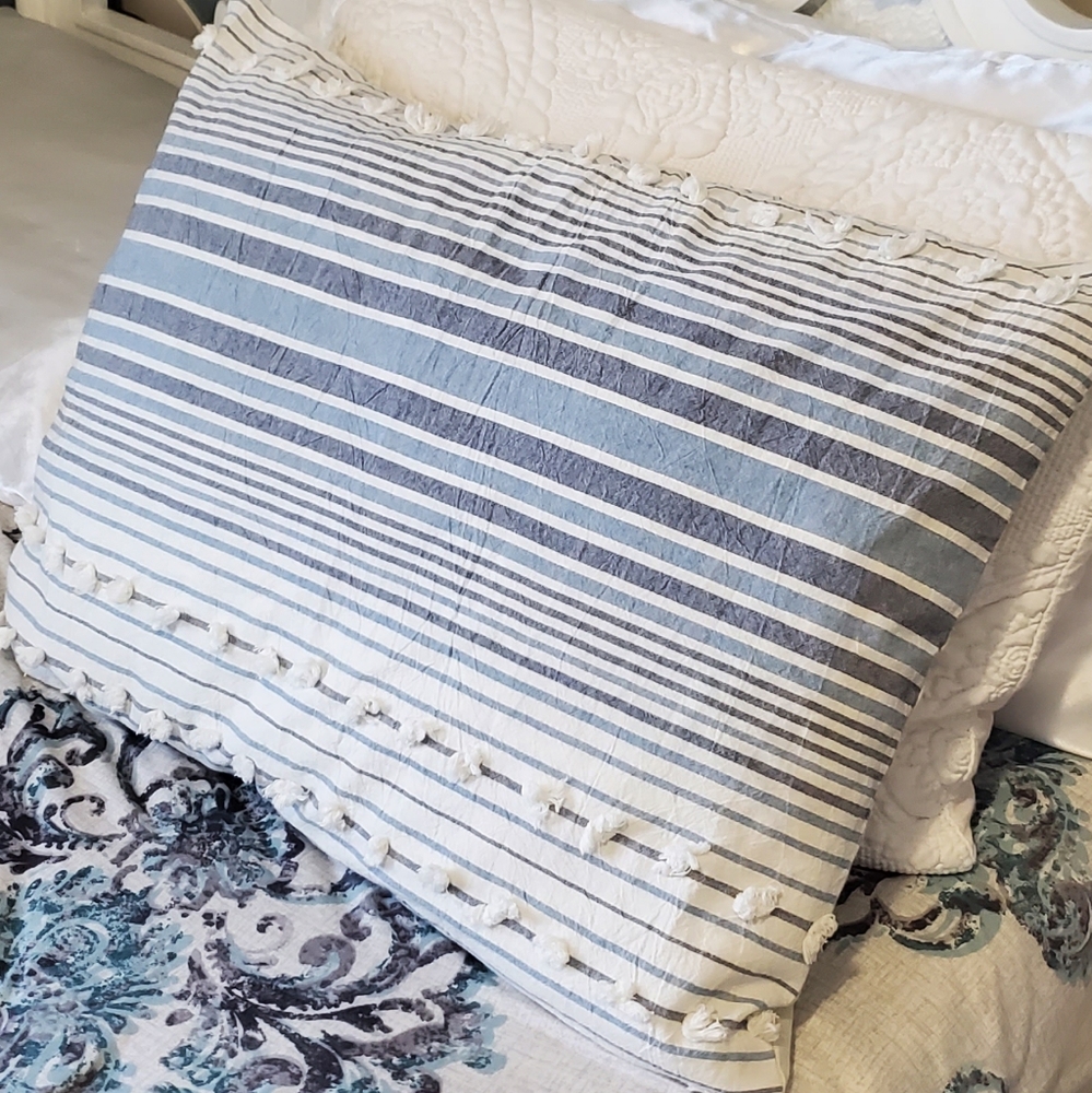 Swift Home Striped Blue and White Cotton Pom Pom 2 Standard Pillow Cases.